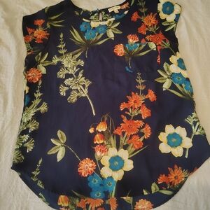 Lily White Navy Floral Blouse with Orange and Blue Accents